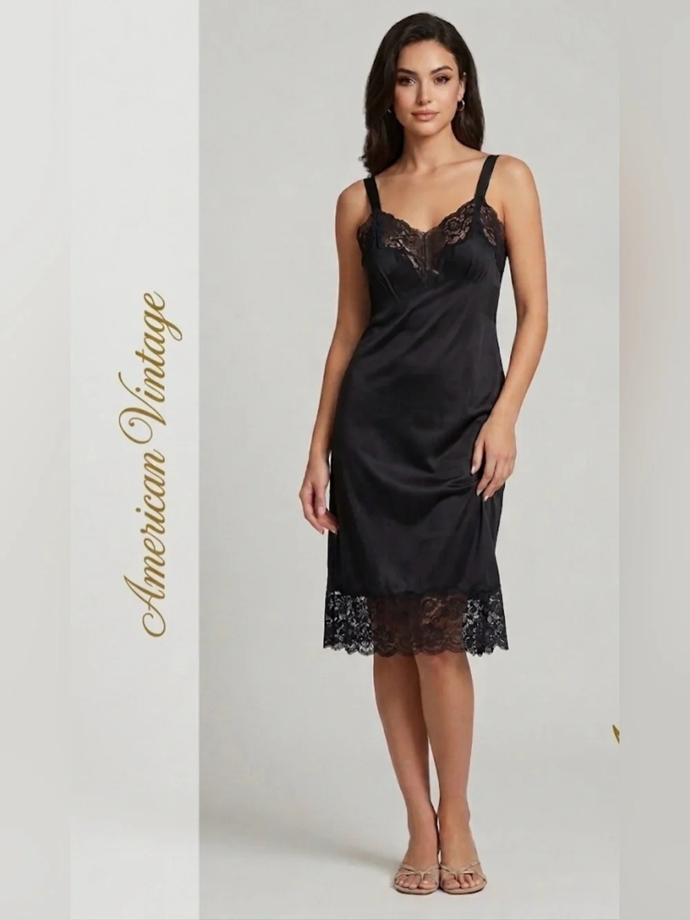Vintage American Black Nylon Slip Dress with Lace Trim, Size Small Made In USA